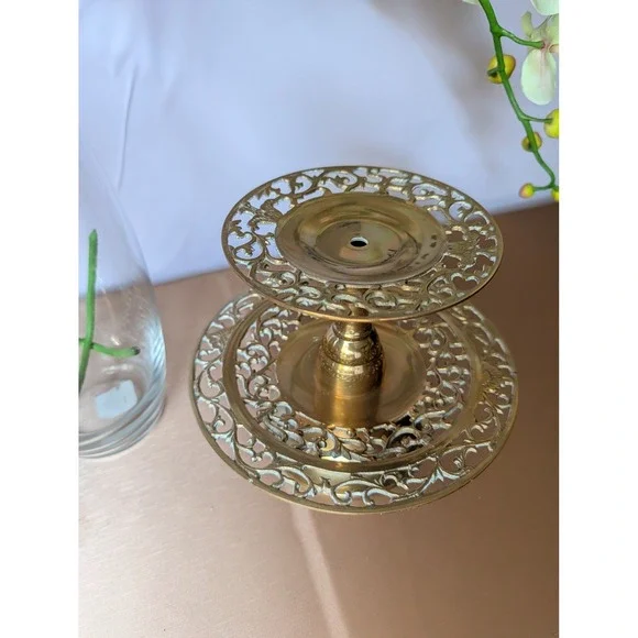 Vintage Brass Two Tiered Ornate Candle Holder Decor Tableware Candlestick - Picture 7 of 7